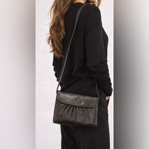 Vintage Fendi Black Leather Crest Crossbody Bag Clutch 1970s–80s Italy w/ COA